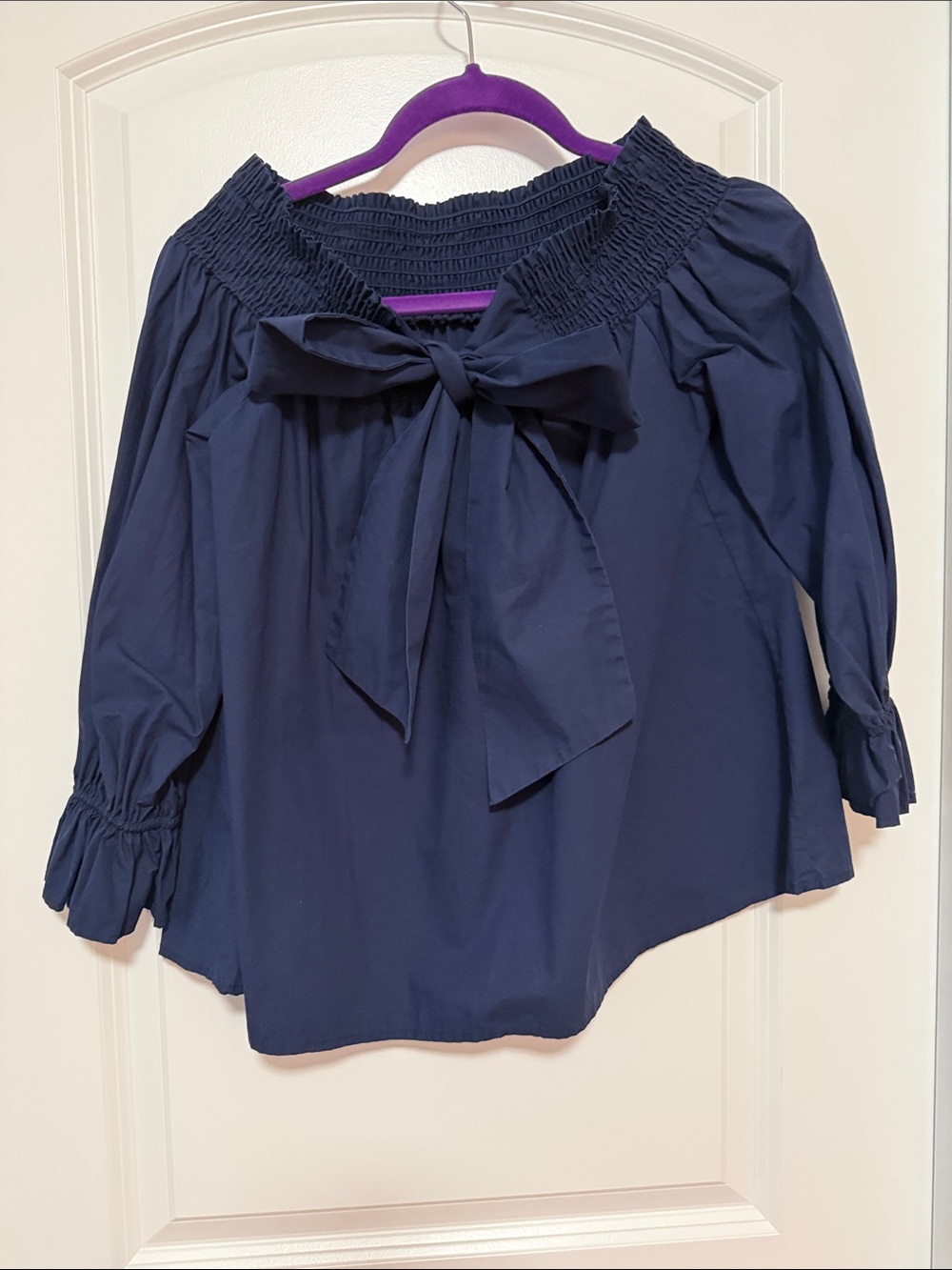 Soprano Navy Off-Shoulder Bow Top